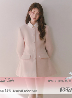 RECIT 嫩粉色千金风含羊毛大衣女冬装假两件衬衫领中短款毛呢外套