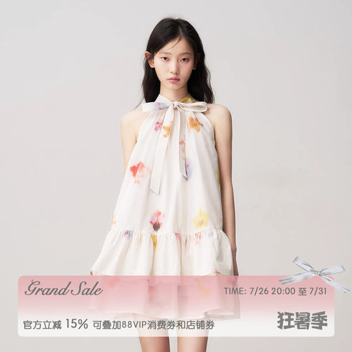 RECIT碎花蝴蝶结挂脖A摆连衣裙