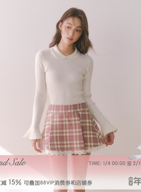 RECIT 莓果可可 磨毛感粉棕复古格纹磨毛宽百褶拼接蕾丝半身裙