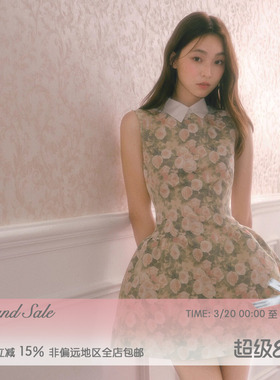 RECIT 玫瑰油画衬衫领无袖连衣裙女春夏千金风蓬蓬修身收腰背心裙