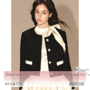 RECIT原创设计 黑色细闪小香风短外套女冬季千金风重工编短款外套