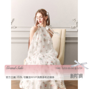 RECIT原创设计 浪漫碎花挂脖连衣裙女春装露肩系带大摆度假风长裙