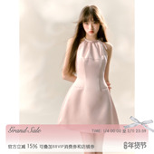 卢昱晓同款 RECIT粉色缎面光泽感挂脖连衣裙女秋冬收腰无袖 短裙子