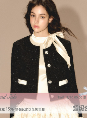 RECIT原创设计 黑色细闪小香风短外套女春装千金风重工编短款外套