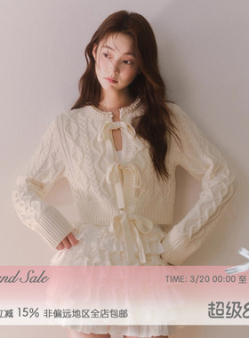 RECIT 复古钩针系带蝴蝶结针织开衫女春装手工珍珠领短款毛衣外套