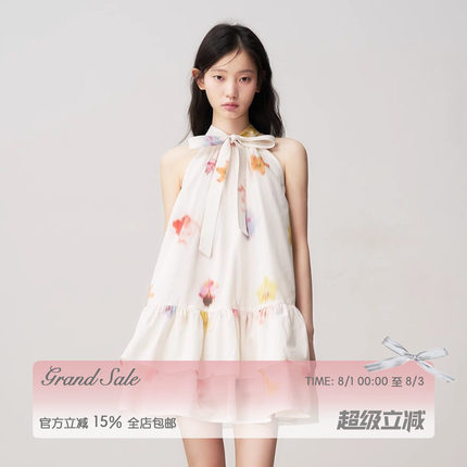 【徐绿杨同款】RECIT 花卉蝴蝶结挂脖连衣裙女木耳边蓬蓬无袖短裙