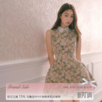 RECIT复古玫瑰油画蓬蓬连衣裙