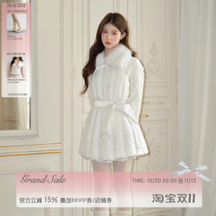 RECIT 白色拼接毛领收腰系带90国标白鸭绒少女中长款排骨羽绒服
