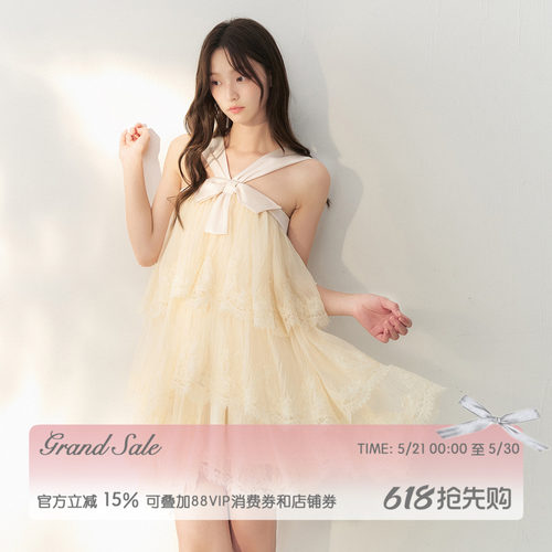 RECIT法式蕾丝大摆度假连衣裙