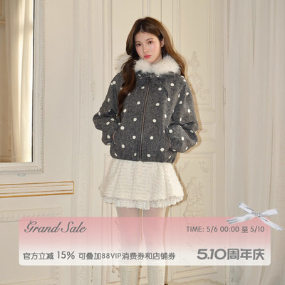 RECIT 灰色立体毛绒波点连帽毛领休闲少女风羊毛短款大衣短外套