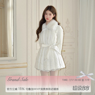 RECIT 白色拼接毛领收腰系带90国标白鸭绒少女中长款排骨羽绒服