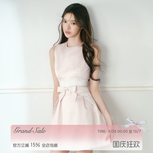 RECIT 粉色缎面蕾丝腰封背心连衣裙女秋千金风蝴蝶结收腰无袖短裙