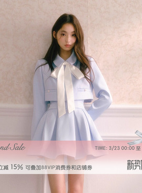 RECIT 雾蓝色韩系千金风缎面系带短外套高腰立体打褶蓬蓬裙套装