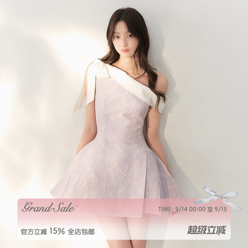 RECIT 薰衣草紫油画提花斜肩连衣裙女秋装立体蝴蝶结收腰A字短裙