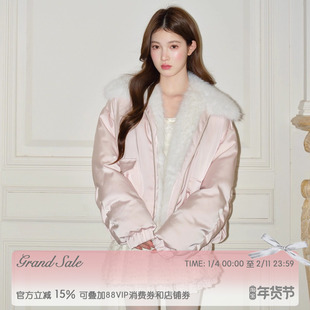 RECIT 淡粉色光泽感缎面拼毛廓形ins少女风宽松慵懒感羽绒服冬