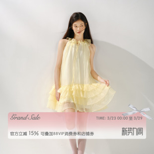 RECIT“柠檬香气”明黄色系带无袖连衣裙女宽松多层木耳边蛋糕裙