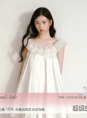 RECIT 缎面光泽感立体打褶不收腰连衣裙女春夏云朵领立体花娃娃裙