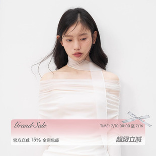 RECIT 白色弹力网纱飘带假两件一字肩上衣+蕾丝绣花半裙两件套装