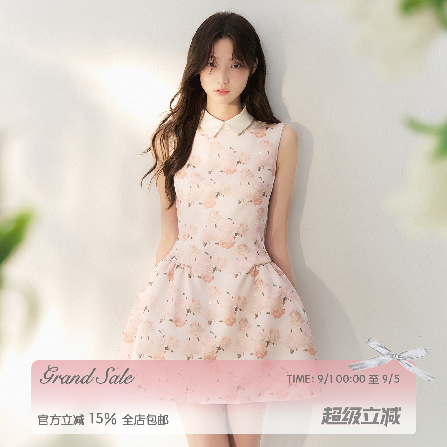 RECIT法式缎面油画玫瑰连衣裙图片