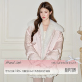 RECIT 淡粉色光泽感缎面拼毛廓形ins少女风宽松慵懒感羽绒服冬