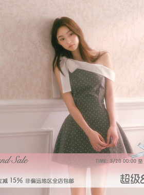 RECIT 烟灰色波点斜肩小众连衣裙女春夏蝴蝶结千金收腰蓬蓬短裙子