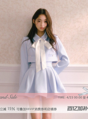 【陈卓璇同款】RECIT 雾蓝色缎面系带短外套高腰打褶蓬蓬裙套装