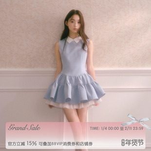 RECIT 冰川蓝衬衫领背心连衣裙女冬季蓬蓬拼纱假两件收腰无袖短裙