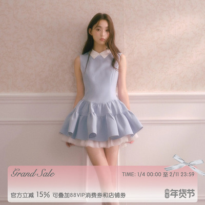 RECIT 冰川蓝衬衫领背心连衣裙女冬季蓬蓬拼纱假两件收腰无袖短裙