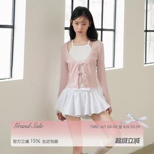 修身 RECIT 粉白拼接蝴蝶结系带假两件针织衫 女春装 短上衣 弹力长袖