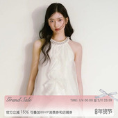 RECIT月光白层叠欧根纱系带蝴蝶结珍珠领口蓬蓬裙连衣裙千金风女