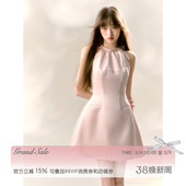 卢昱晓同款 短裙子 RECIT粉色缎面光泽感挂脖连衣裙女秋冬收腰无袖