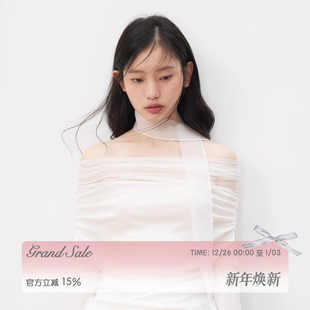 蕾丝绣花半裙两件套装 RECIT 白色弹力网纱飘带假两件一字肩上衣