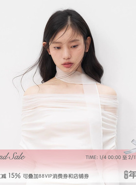 RECIT 白色弹力网纱飘带假两件一字肩上衣+蕾丝绣花半裙两件套装