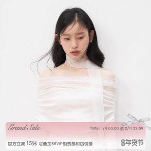 RECIT 白色弹力网纱飘带假两件一字肩上衣+蕾丝绣花半裙两件套装