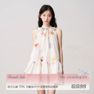 【任敏同款】RECIT 抽象花卉蝴蝶结系带挂脖连衣裙木耳边蓬蓬短裙