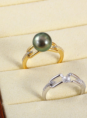 DIY珍珠配件 S925纯银新款U形锆石T家戒指系列半成品空托配饰女