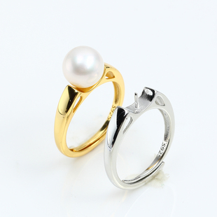 S925纯银DIY戒指简约光面 珍珠戒托配件大气质优雅开口可调节女