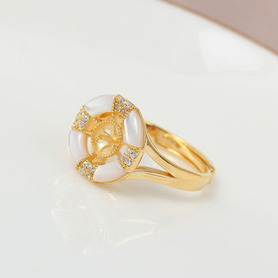 S925纯银 DIY圆圈贝壳珍珠戒指配件 简约优雅开口戒可调节 时尚女