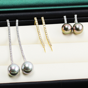 S925纯银diy手工耳钉微镶锆石流苏耳线珍珠空托配件银耳坠长耳线