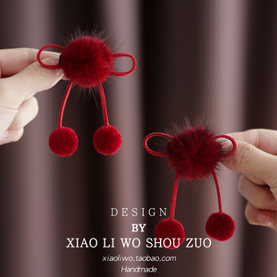 新年水貂毛球蝴蝶结发夹女宝宝发卡可爱秋冬毛绒儿童对夹周岁头饰