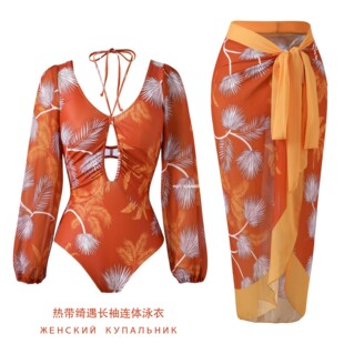 26新款欧美单热带植物印花长袖连体泳衣防晒显瘦泳装女泡温泉海边
