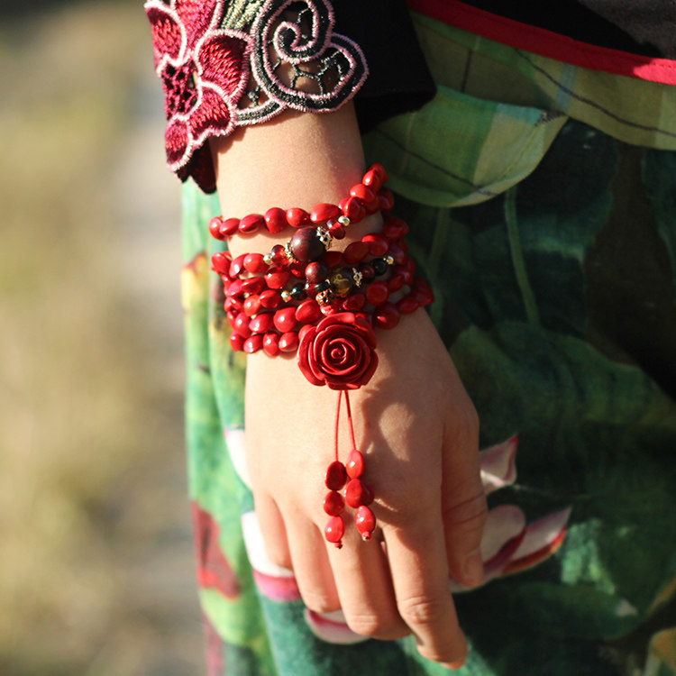 佛善居【花开】天然红心血菩提子108项链本命年原创设计红色朱砂