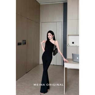 美娜黑色微喇裤瘦腿腰女夏薄款2026新款垂感修身提臀瑜伽喇叭裤