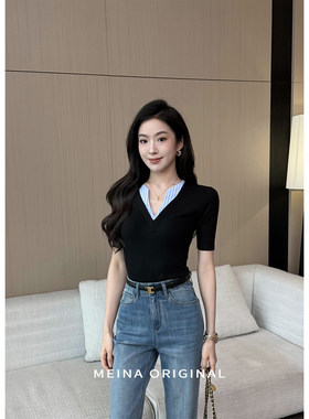 美娜V领拼接假两件贴袋中袖T恤女春季韩系时尚修身休闲百搭上衣