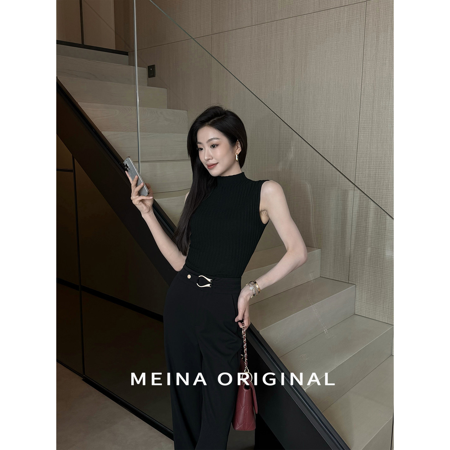 美娜羊毛半高领早春无袖针织背心女新款早春百搭气质修身显瘦毛衣