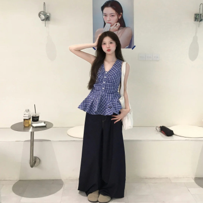 法式高级感蓝色格子吊带背心女