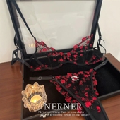 性感蕾丝刺绣文胸套装 性感内衣御姐风 女透视网纱红色花卉三角内裤