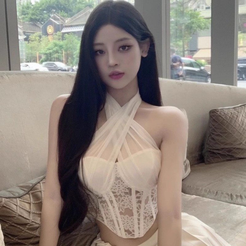 挂脖交叉鱼骨吊带背心女夏季设计感蕾丝胸衣抹胸上衣不规则打底衫