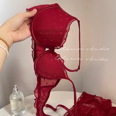 红色波点蕾丝文胸套装薄款内衣