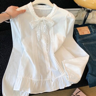 秋装加小码XXS女装150cm新款小个子蕾丝系带蝴蝶结长袖衬衫上衣